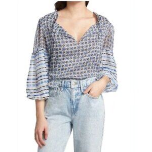 Misa Los Angeles Renata Blue & White Printed Chiffon Peasant Blouse S $295 MSRP